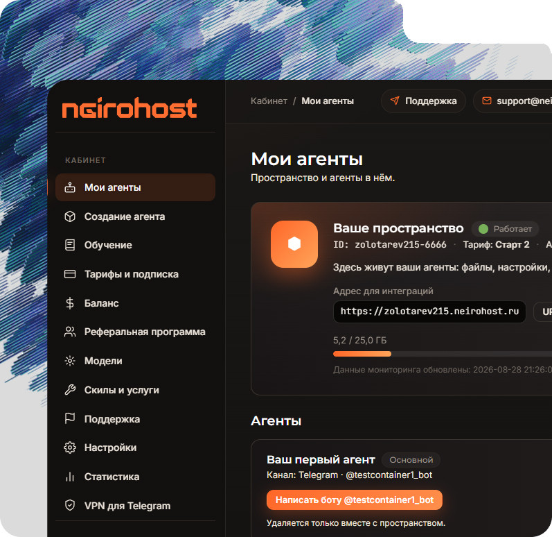 Кабинет Neirohost: агенты и статус пространства